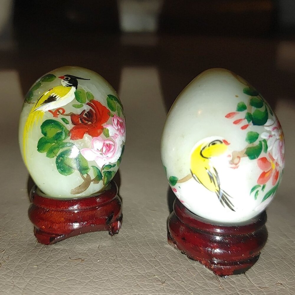 Mable Green Hand Painted Decorative Eggs With Floral Birds Design On Wooden Stan
